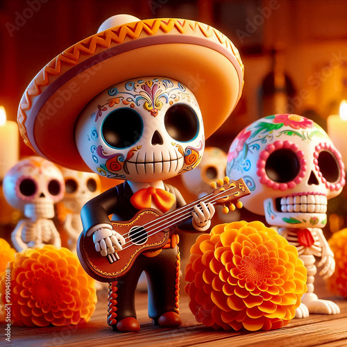 Calaverita mariachi con guitarra en ofrenda de día de muertos photo