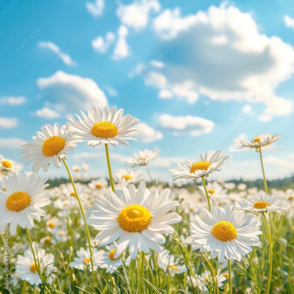 Bright daisies bloom under a clear blue sky, creating a serene spring landscape filled with vibrant flowers and soft clouds. Bright daisies bloom under a clear blue sky, creating a serene spring landscape filled with vibrant flowers and soft clouds.
