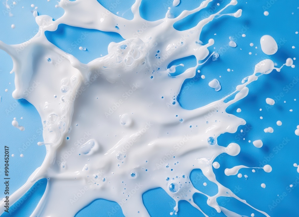 Spring Flush Milk Milk splash isolated on a blue background, white milk splashes and ...