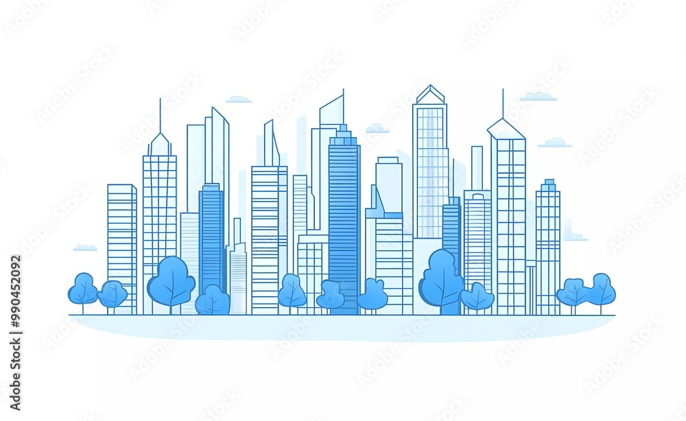 Blue city buildings, skyline vector illustration with white background. Modern architecture of urban landscape with a simple, minimalistic flat design of a town in a line art style Blue city buildings, skyline vector illustration with white background. Modern architecture of urban landscape with a simple, minimalistic flat design of a town in a line art style