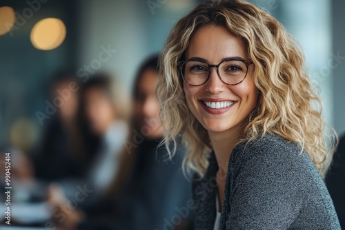 Happy female business leader having briefing with co-workers during meeting in the office, Generative AI