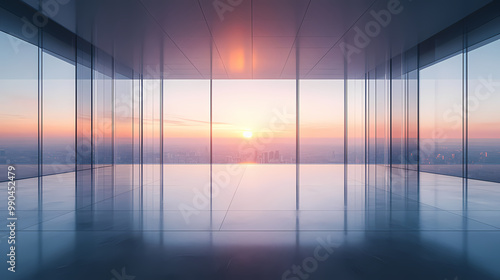 Glass architectural space reflecting sunset