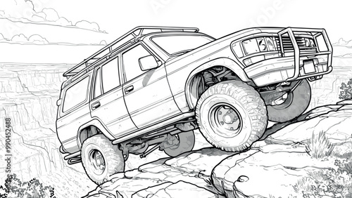 SUV with One Wheel Rock Against Canyon Background Coloring Book Page Detailed Illustration Dramatic Canyon Scene Off-Road Adventure Drawing for Children Dynamic Vehicle Art Page