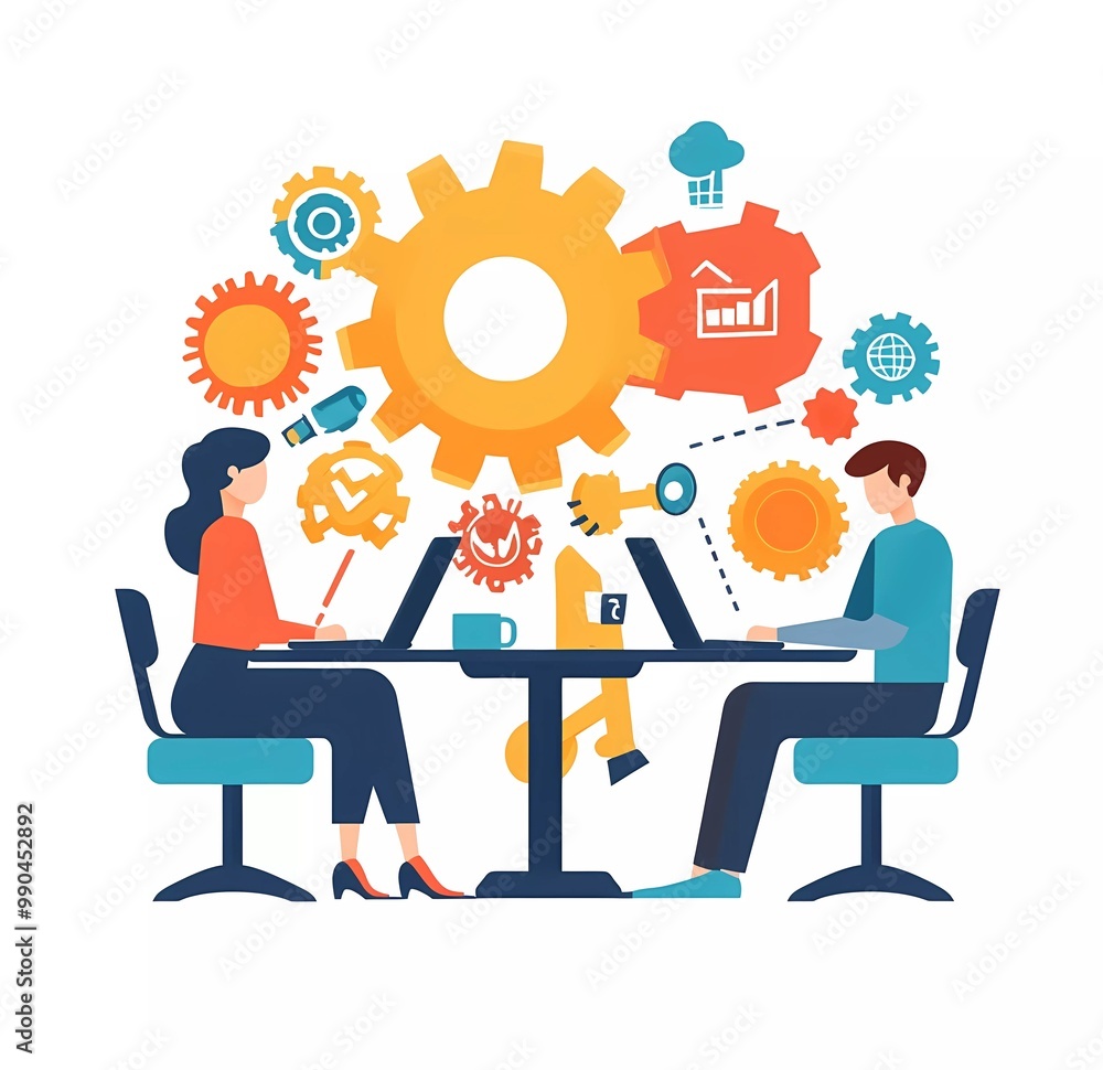 Vector illustration of a team working on a laptop, with gears and people in a flat design style. Concept for a business data system, digital marketing, or online advertising Vector illustration of a team working on a laptop, with gears and people in a flat design style. Concept for a business data system, digital marketing, or online advertising