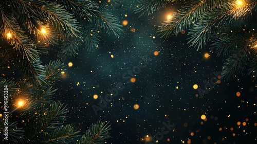 A moody Christmas background with dark green pine branches and golden lights on a transparent background. 