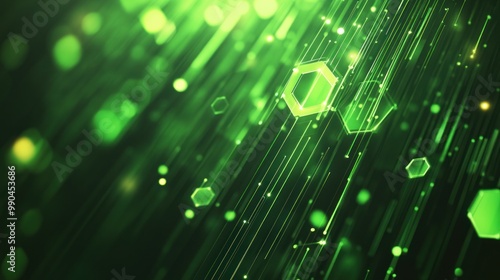 A green graphic background with hexagonal patterns and light streaks, giving a modern, futuristic atmosphere. Suitable for tech or innovation-driven themes. photo