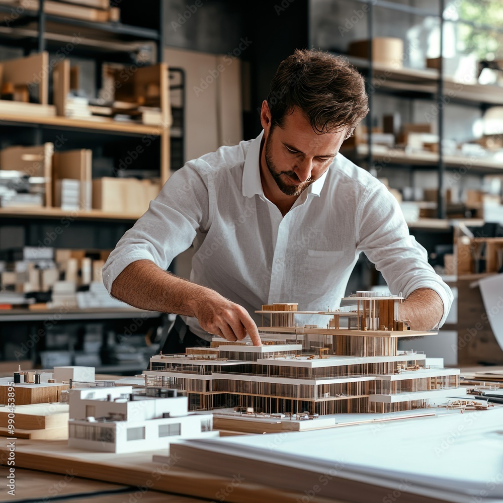 a photo of an architect working with a physical model of a building, surrounded by blueprints and design tools. a photo of an architect working with a physical model of a building, surrounded by blueprints and design tools.