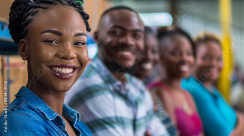 A diverse group of people stands together, smiling cheerfully in a well-lit manufacturing environment.