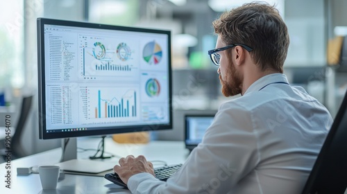 a photo of an engineer analyzing technical data on a computer screen in a modern office environment.