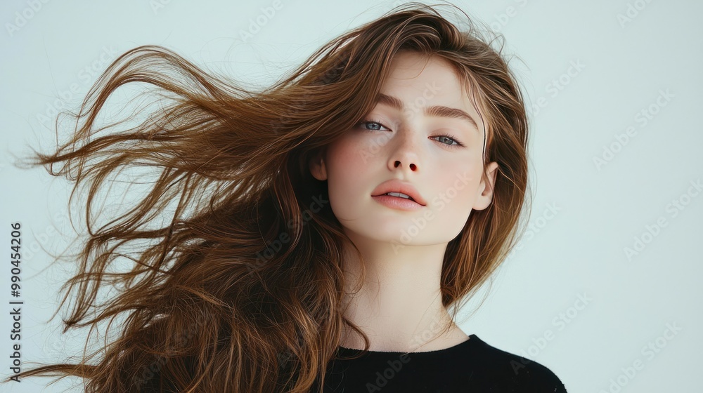 A portrait of a model with flowing, shiny hair, styled perfectly, standing against a plain white background A portrait of a model with flowing, shiny hair, styled perfectly, standing against a plain white background