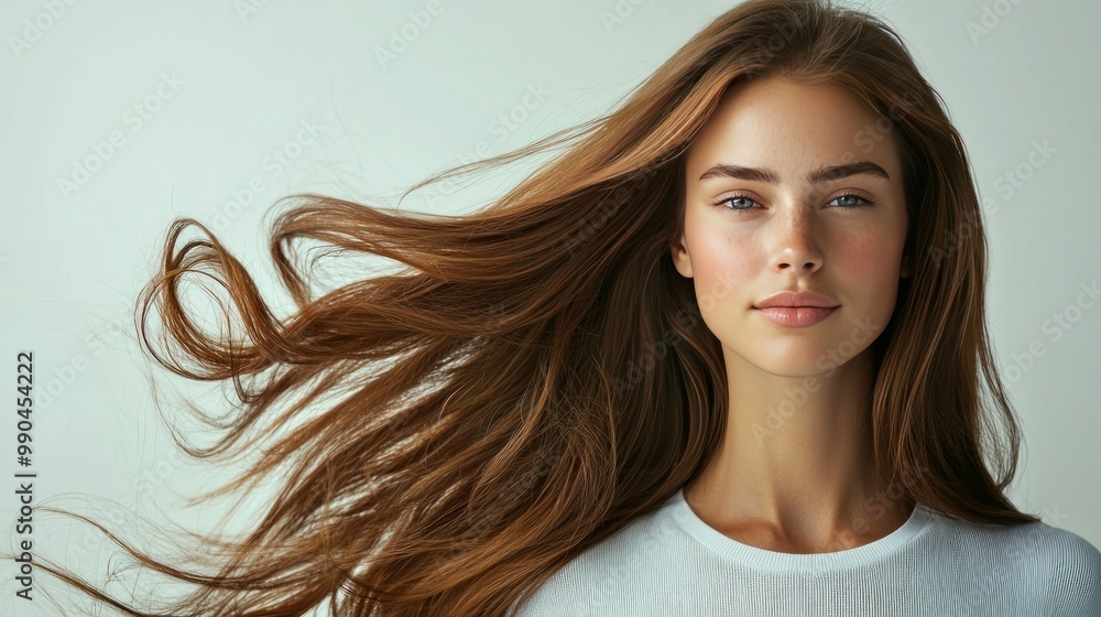 A portrait of a model with flowing, shiny hair, styled perfectly, standing against a plain white background A portrait of a model with flowing, shiny hair, styled perfectly, standing against a plain white background