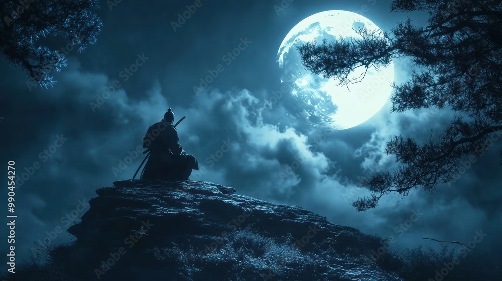 A lone samurai sits on a rock cliff at night, gazing at the full moon and a cloudy sky. A lone samurai sits on a rock cliff at night, gazing at the full moon and a cloudy sky.