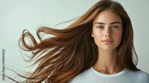 A portrait of a model with flowing, shiny hair, styled perfectly, standing against a plain white background 