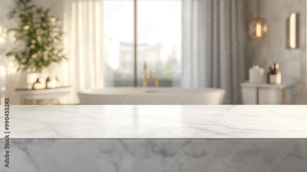 Close-up of a smooth white marble countertop with a blurred bathroom background. Close-up of a smooth white marble countertop with a blurred bathroom background.