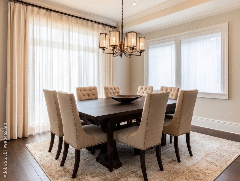 A dining area with a dark brown wooden table, beige upholstered chairs, and a warm, neutral rug A dining area with a dark brown wooden table, beige upholstered chairs, and a warm, neutral rug