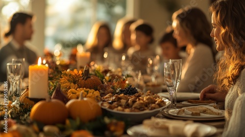Warm family gathering around a festive dinner table during the holiday season, adorned with autumn decorations and delicious food.