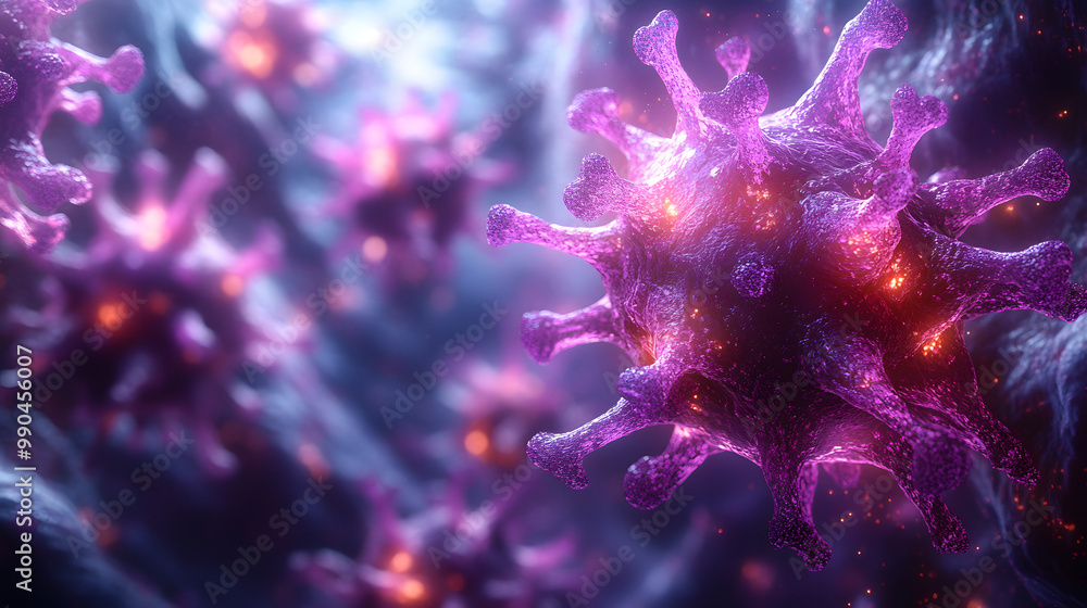 Microscopic View of Virus Particles. Futuristic Virus Simulation. Microscopic View of Virus Particles. Futuristic Virus Simulation.