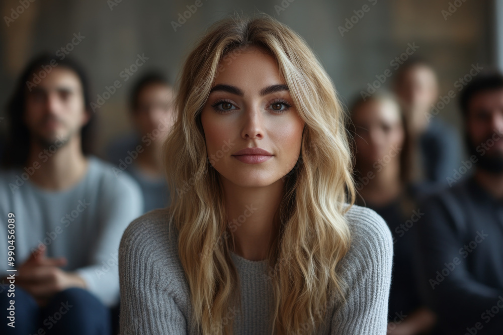 A woman with blonde hair is sitting in a room with other people A woman with blonde hair is sitting in a room with other people