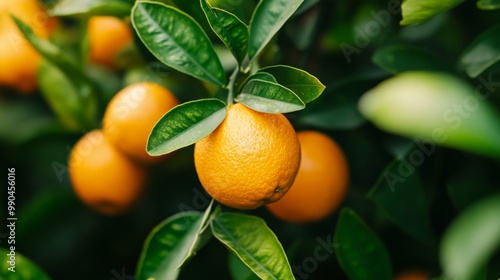 Close-up of ripe oranges hanging on a tree branch with lush green leaves in a citrus orchard.