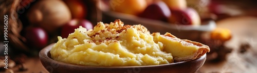 Close-up of creamy mashed potatoes in a rustic bowl with sprinkled garnishes, set against a background of fresh potatoes and onions. photo