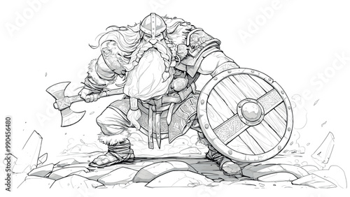 Viking with Long Beard in Fighting Stance with Axe and Shield Coloring Book Page for Kids Detailed Viking Illustration Powerful Pose Fun Historical Scene Brave Warrior Art Page