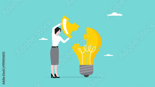 idea development, solve business problem or challenge, work solution with creativity, businesswoman completing a light bulb-shaped puzzle