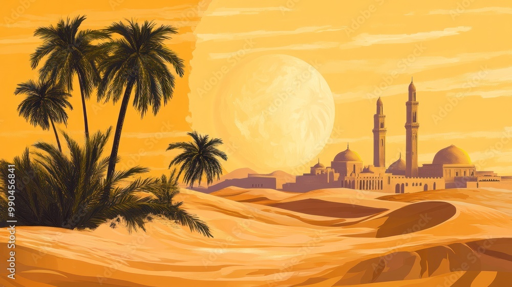 Desert landscape with palm trees, a mosque, and a large moon in the sky. Desert landscape with palm trees, a mosque, and a large moon in the sky.