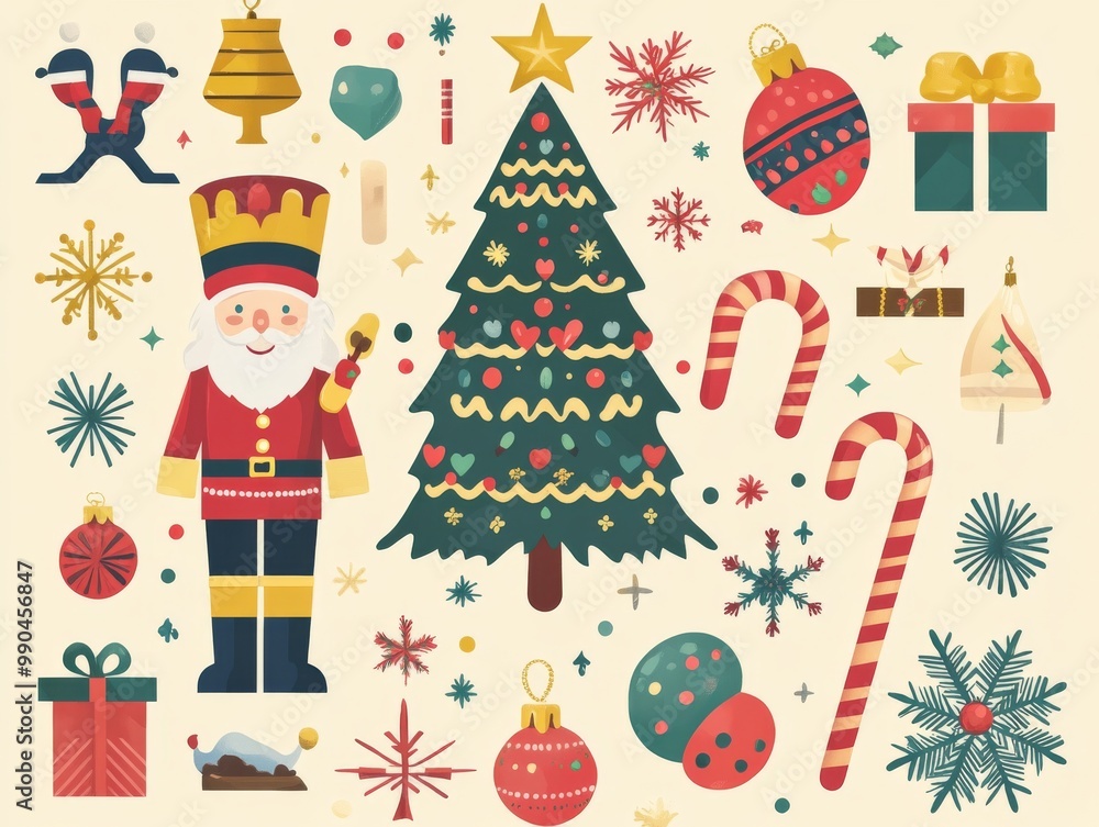 2408 15.A festive vector illustration with a collection of classic Christmas elements, including a nutcracker, Santa, Christmas tree, and candy cane. The Merry Christmas and Happy New Year message is 2408 15.A festive vector illustration with a collection of classic Christmas elements, including a nutcracker, Santa, Christmas tree, and candy cane. The Merry Christmas and Happy New Year message is