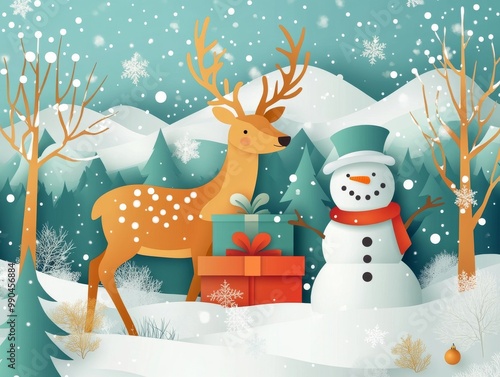 2408 16.A charming winter scene featuring a deer, a gift box, and a snowman, all crafted in a whimsical paper-cut style. The deer and snowman stand on top of the gift box, surrounded by snowy