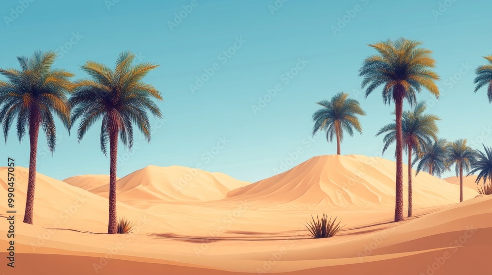 Palm trees standing tall against a blue sky in a desert landscape. Palm trees standing tall against a blue sky in a desert landscape.