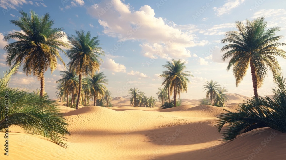 Obraz premium Palm trees stand tall in a desert landscape with a bright, sunny sky.