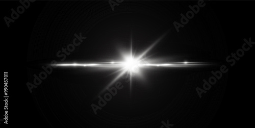 Light white effect reflections, neon illumination in white colors. Bright light lens. Police light effects, lines. Shiny stars, glowing sparks on a black background. Vector red light effect