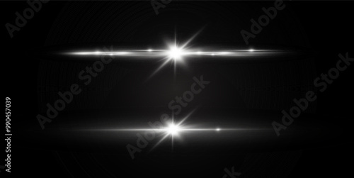 Light white effect reflections, neon illumination in white colors. Bright light lens. Police light effects, lines. Shiny stars, glowing sparks on a black background. Vector red light effect