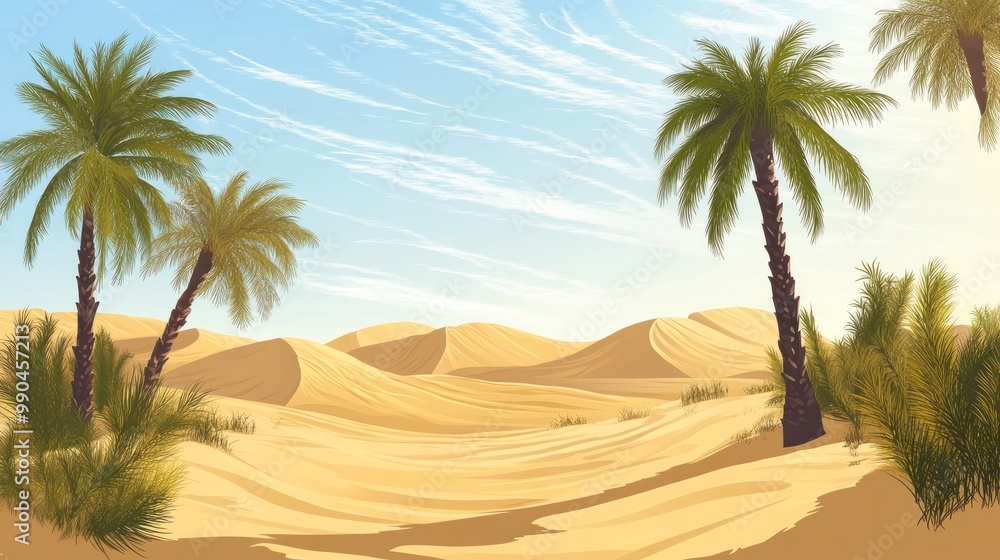 Three palm trees stand tall in a desert landscape with sand dunes and a clear blue sky. Three palm trees stand tall in a desert landscape with sand dunes and a clear blue sky.