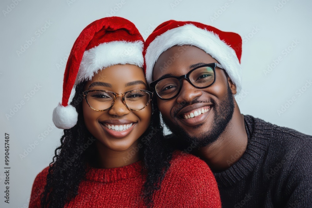 A cheerful couple dressed in festive Santa hats and cozy sweaters, smiling brightly for the holidays A cheerful couple dressed in festive Santa hats and cozy sweaters, smiling brightly for the holidays