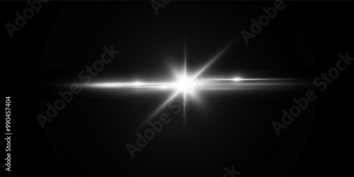 Light white effect reflections, neon illumination in white colors. Bright light lens. Police light effects, lines. Shiny stars, glowing sparks on a black background. Vector red light effect