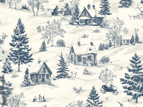 2408 26.A seamless vintage winter snow scene pattern in Toile de Jouy style, featuring intricate illustrations of old-fashioned Christmas settings. The pattern includes scenes of snow-covered