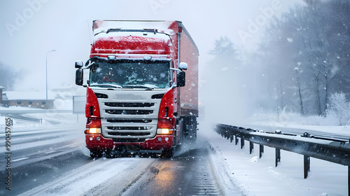 A truck carrying cargo in the winter on the highway in the evening. AI Generated