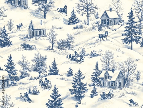2408 26.A seamless vintage winter snow scene pattern in Toile de Jouy style, featuring intricate illustrations of old-fashioned Christmas settings. The pattern includes scenes of snow-covered