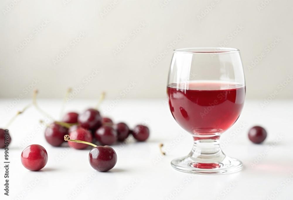 Delicious cherry liqueur and berries on white table Delicious cherry liqueur and berries on white table