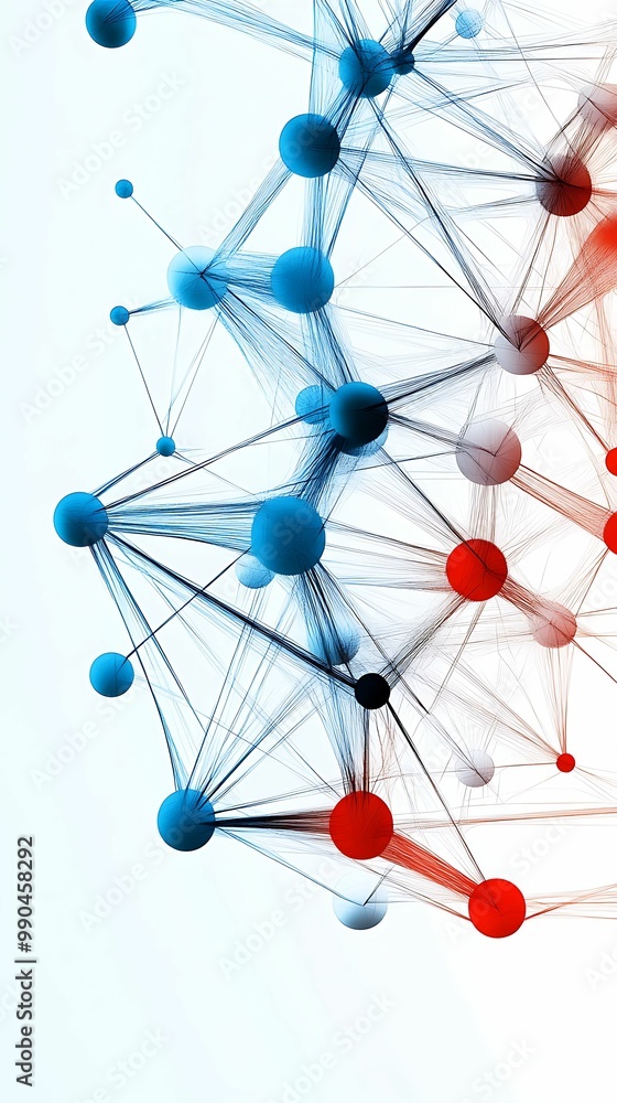 Abstract network design with interconnected nodes in blue, red, and white shades, illustrating data connections and digital communication. Abstract network design with interconnected nodes in blue, red, and white shades, illustrating data connections and digital communication.