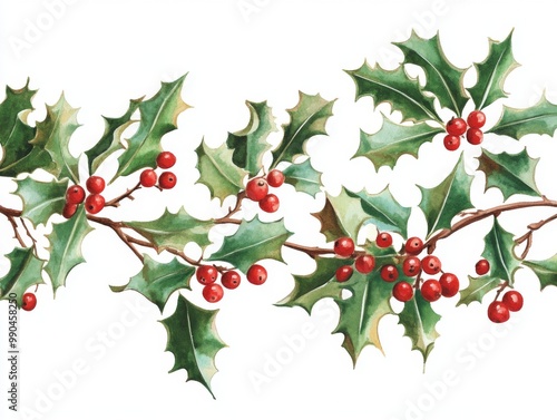 2408 33.A beautiful holiday design featuring Christmas branches adorned with holly leaves and vibrant red berries. The festive arrangement is perfect for invitations or greeting cards, evoking the