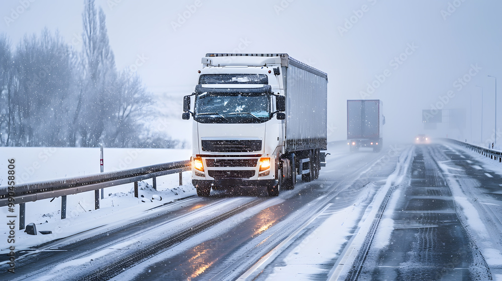 A truck carrying cargo in the winter on the highway in the evening. AI Generated A truck carrying cargo in the winter on the highway in the evening. AI Generated