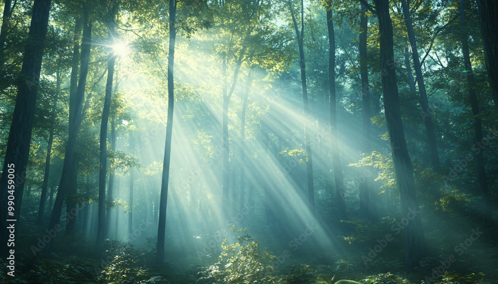 Tall, misty trees with sunlight streaming through the branches, creating a magical and mysterious forest atmosphere Tall, misty trees with sunlight streaming through the branches, creating a magical and mysterious forest atmosphere