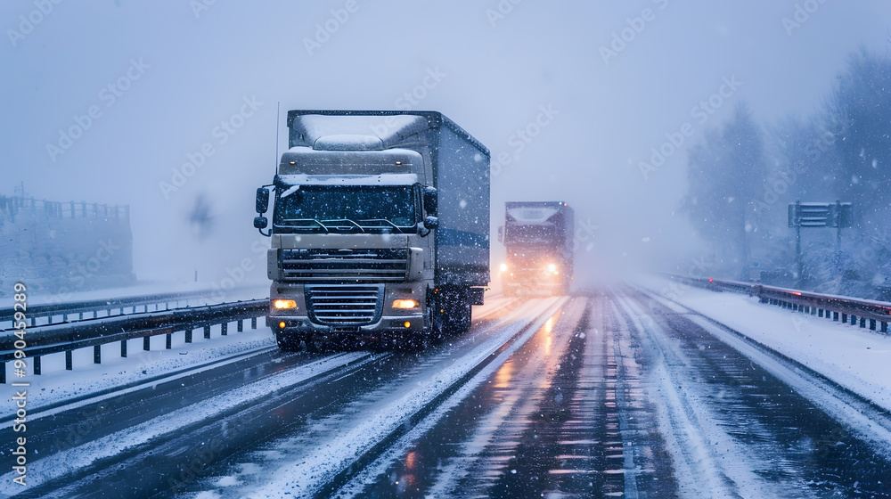 A truck carrying cargo in the winter on the highway in the evening. AI Generated A truck carrying cargo in the winter on the highway in the evening. AI Generated