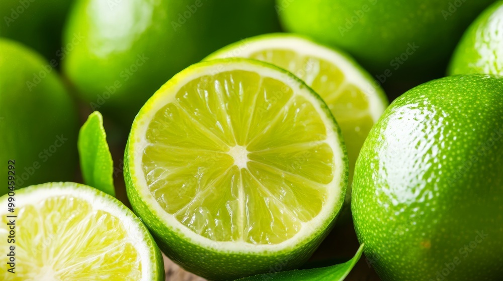 Fresh green lime fruits with a sliced lime showing juicy interior, perfect for citrus drinks, summer recipes, or a health-inspired photo collection. Fresh green lime fruits with a sliced lime showing juicy interior, perfect for citrus drinks, summer recipes, or a health-inspired photo collection.