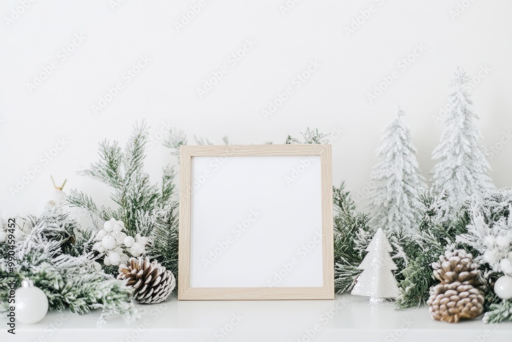 Minimalist Holiday Mantel with Wooden Frame and Frosted Pine Branches Minimalist Holiday Mantel with Wooden Frame and Frosted Pine Branches
