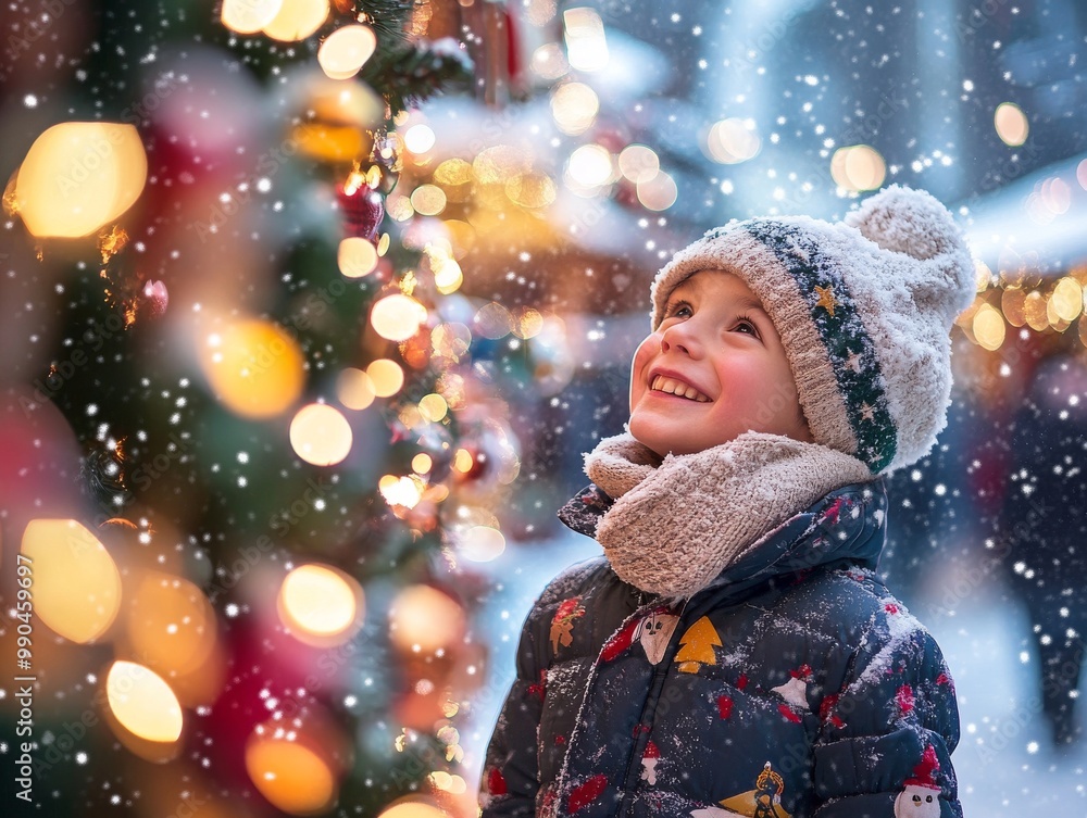 2408 53.A smiling child stands by a brightly illuminated Christmas tree, surrounded by festive decorations and falling snow at a traditional Christmas market. The boy is wrapped in a warm coat, hat, 2408 53.A smiling child stands by a brightly illuminated Christmas tree, surrounded by festive decorations and falling snow at a traditional Christmas market. The boy is wrapped in a warm coat, hat,