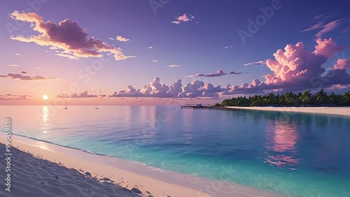 the natural seaside under a pastel pink and purple sunset.Distant view, long-shot. High definition. High contrast. High resolution. High color saturation. Intricate detail. Anime art 