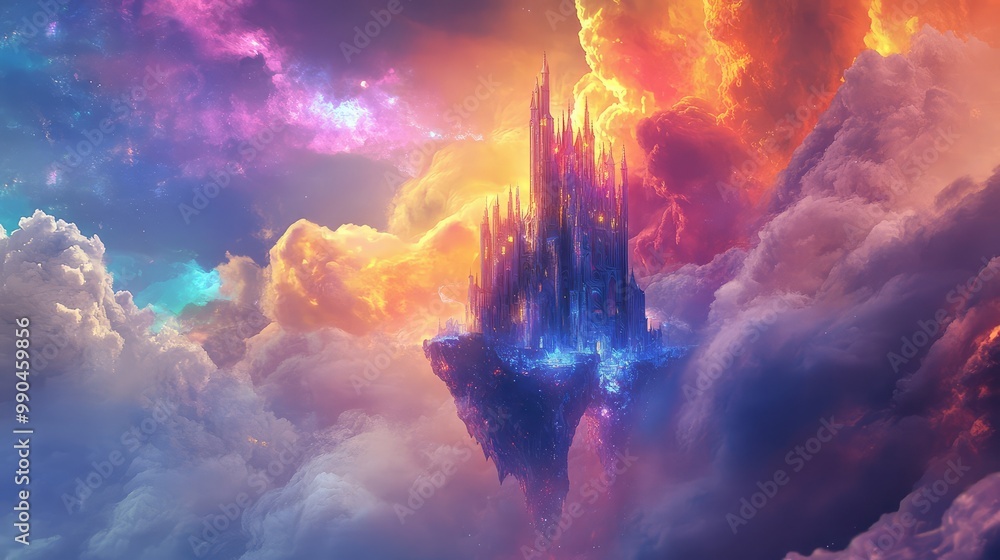 Fototapeta premium A floating castle made of glowing crystal, hovering in the atmosphere of a distant gas giant, surrounded by swirling clouds of vibrant colors.
